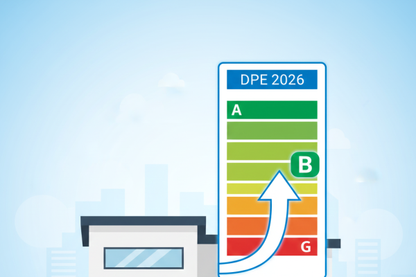 Maison avec étiquette énergie DPE 2026 illustrant la réforme du diagnostic de performance énergétique pour les propriétaires.