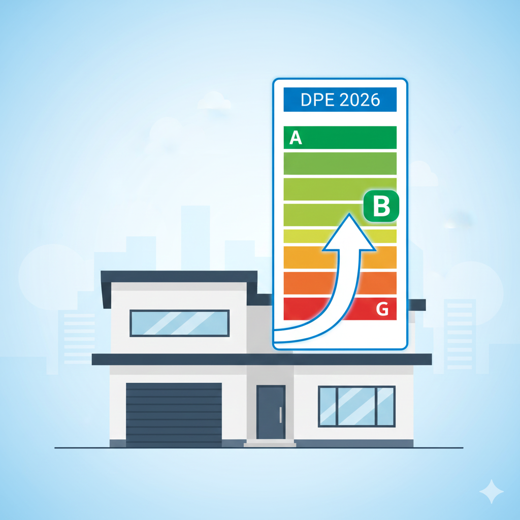 Maison avec étiquette énergie DPE 2026 illustrant la réforme du diagnostic de performance énergétique pour les propriétaires.