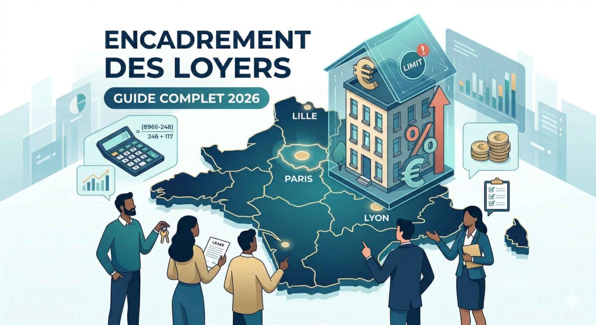 Carte des zones d'encadrement des loyers en France 2026 : illustration vectorielle montrant les plafonds par zone et types de logements pour propriétaires et locataires.