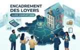 Carte des zones d'encadrement des loyers en France 2026 : illustration vectorielle montrant les plafonds par zone et types de logements pour propriétaires et locataires.