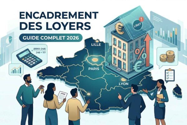 Carte des zones d'encadrement des loyers en France 2026 : illustration vectorielle montrant les plafonds par zone et types de logements pour propriétaires et locataires.
