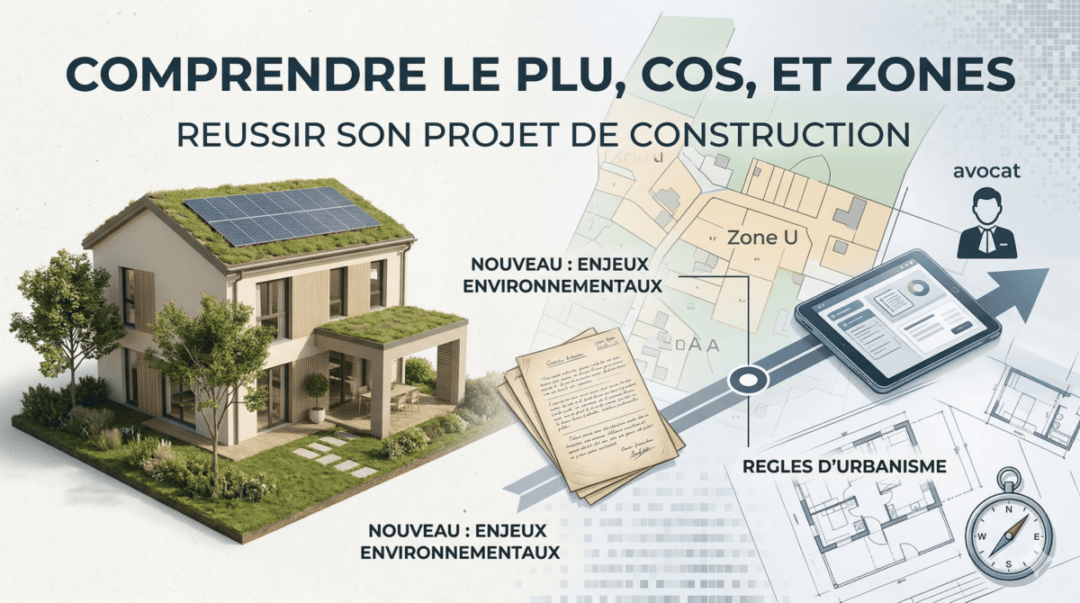 Une image de couverture d'urbanisme divisée en deux : à gauche, une maison durable moderne ; à droite, des plans de ville et documents officiels, avec l'inscription « Comprendre le PLU, COS, et Zones ».