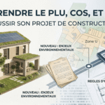 Une image de couverture d'urbanisme divisée en deux : à gauche, une maison durable moderne ; à droite, des plans de ville et documents officiels, avec l'inscription « Comprendre le PLU, COS, et Zones ».