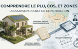 Une image de couverture d'urbanisme divisée en deux : à gauche, une maison durable moderne ; à droite, des plans de ville et documents officiels, avec l'inscription « Comprendre le PLU, COS, et Zones ».