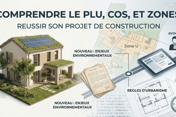 Une image de couverture d'urbanisme divisée en deux : à gauche, une maison durable moderne ; à droite, des plans de ville et documents officiels, avec l'inscription « Comprendre le PLU, COS, et Zones ».