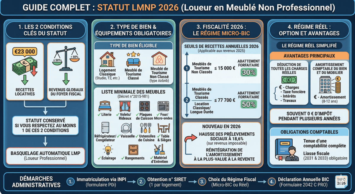 nfographie Guide Complet LMNP 2026 : synthèse visuelle des nouvelles règles fiscales, seuils BIC, conditions de statut et obligations pour investisseurs immobiliers.