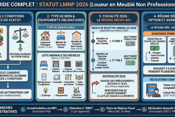 nfographie Guide Complet LMNP 2026 : synthèse visuelle des nouvelles règles fiscales, seuils BIC, conditions de statut et obligations pour investisseurs immobiliers.