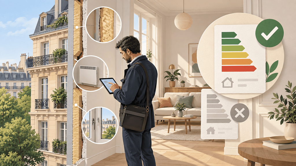 Diagnostiqueur contrôlant la performance énergétique et la validité du DPE d’un appartement.